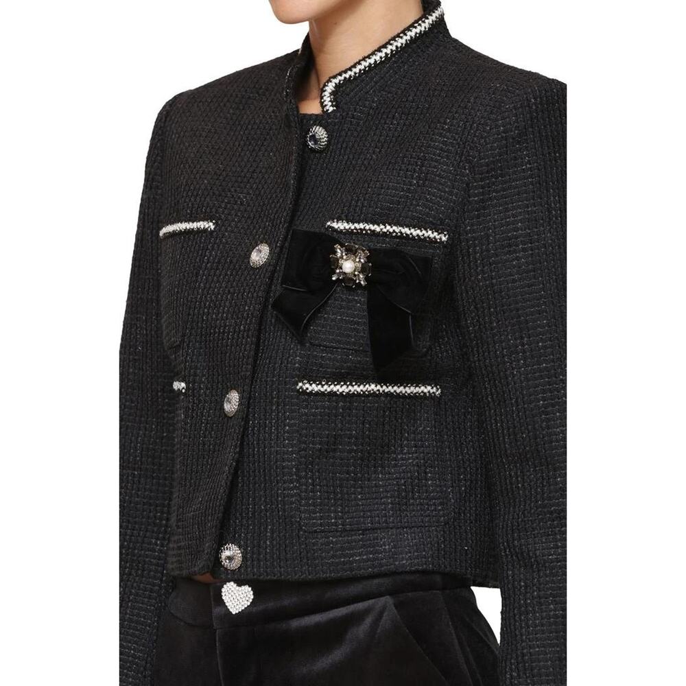 Avec Les Filles Tweed Crop Jacket Career Black Velvet Bow Trim Women’s Small NWT - Picture 3 of 16